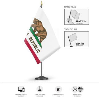 A mockup of the custom flag 'California State Flag' as a desk flag and small hand waving flag
