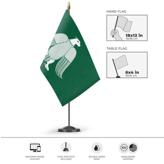 A mockup of the custom flag 'Caliphate of Cordoba Flag' as a desk flag and small hand waving flag