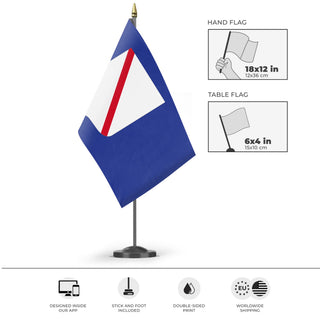 A mockup of the custom flag 'Campania Flag' as a desk flag and small hand waving flag