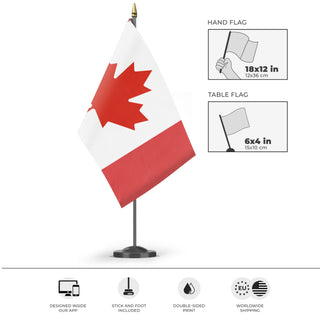 A mockup of the custom flag 'Canada flag' as a desk flag and small hand waving flag