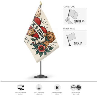 A mockup of the custom flag 'ChatGPT Pet Dogs and Cats flag' as a desk flag and small hand waving flag