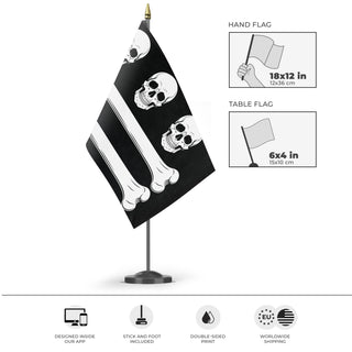 A mockup of the custom flag 'Christopher Condent Pirate flag' as a desk flag and small hand waving flag