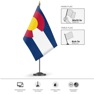 A mockup of the custom flag 'Colorado State Flag' as a desk flag and small hand waving flag