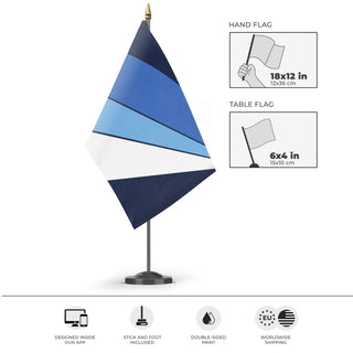 A mockup of the custom flag 'Columbia City Flag' as a desk flag and small hand waving flag