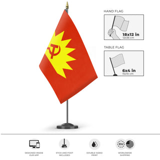 A mockup of the custom flag 'Communist Party of Ireland flag' as a desk flag and small hand waving flag