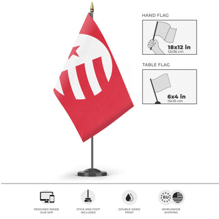 A mockup of the custom flag 'Custom Flag Price Calculator' as a desk flag and small hand waving flag