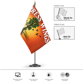 A mockup of the custom flag 'Cypress Wings flag' as a desk flag and small hand waving flag