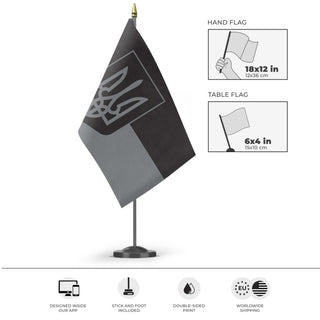A mockup of the custom flag 'Darkmode Ukraine Coat of Arms flag' as a desk flag and small hand waving flag