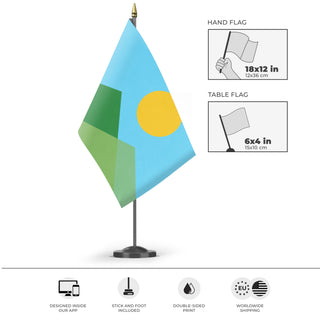 A mockup of the custom flag 'Default JPG Image flag' as a desk flag and small hand waving flag