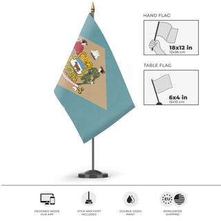 A mockup of the custom flag 'Delaware State Flag' as a desk flag and small hand waving flag