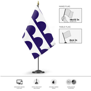A mockup of the custom flag 'Des Moines Flag' as a desk flag and small hand waving flag