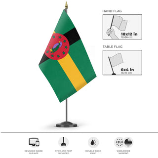 A mockup of the custom flag 'Dominica flag' as a desk flag and small hand waving flag