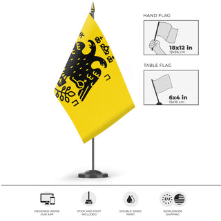 A mockup of the custom flag 'Double Headed Aquila flag' as a desk flag and small hand waving flag
