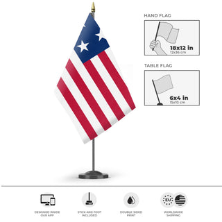 A mockup of the custom flag 'ESTADOS UNIDOS DE AMERICA flag' as a desk flag and small hand waving flag