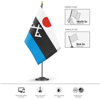 A mockup of the custom flag 'Evenki Peoples flag' as a desk flag and small hand waving flag