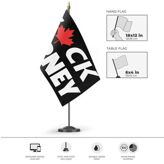 A mockup of the custom flag 'F- Carney flag' as a desk flag and small hand waving flag