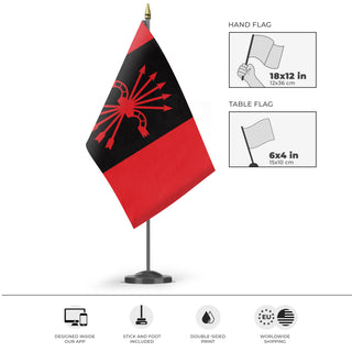 A mockup of the custom flag 'Falangist Flag' as a desk flag and small hand waving flag