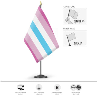 A mockup of the custom flag 'Femboy Pride flag' as a desk flag and small hand waving flag