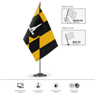 A mockup of the custom flag 'Flag of Baltimore, Maryland' as a desk flag and small hand waving flag