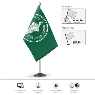 A mockup of the custom flag 'Flag of Bangkok' as a desk flag and small hand waving flag