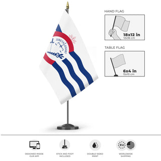 A mockup of the custom flag 'Flag of Cincinnati, Ohio' as a desk flag and small hand waving flag