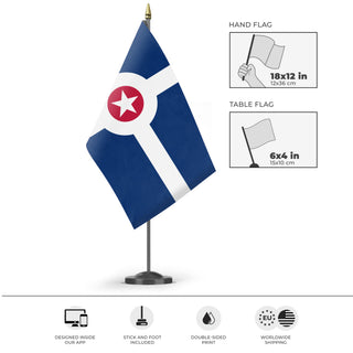 A mockup of the custom flag 'Flag of Indianapolis, Indiana' as a desk flag and small hand waving flag