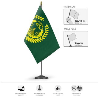 A mockup of the custom flag 'Flag of Islamabad' as a desk flag and small hand waving flag