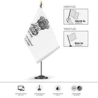 A mockup of the custom flag 'Flag of New Delhi' as a desk flag and small hand waving flag