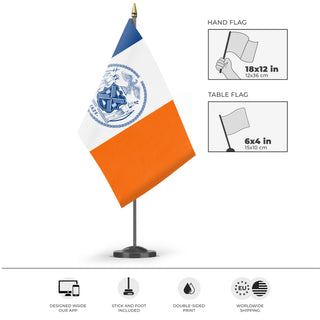 A mockup of the custom flag 'Flag of New York City' as a desk flag and small hand waving flag