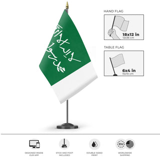 A mockup of the custom flag 'Flag of Riyadh' as a desk flag and small hand waving flag