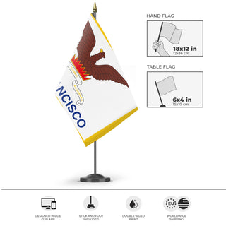 A mockup of the custom flag 'Flag of San Francisco, California' as a desk flag and small hand waving flag