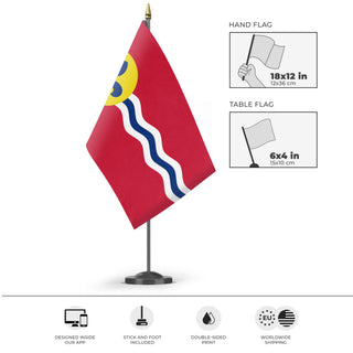 A mockup of the custom flag 'Flag of St. Louis, Missouri' as a desk flag and small hand waving flag