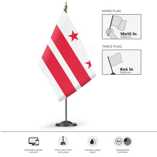 A mockup of the custom flag 'Flag of Washington, D.C.' as a desk flag and small hand waving flag