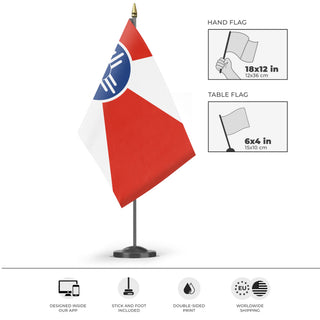 A mockup of the custom flag 'Flag of Wichita, Kansas' as a desk flag and small hand waving flag