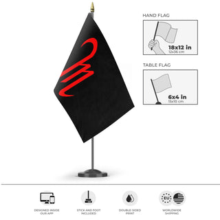 A mockup of the custom flag 'Flag of the M People' as a desk flag and small hand waving flag