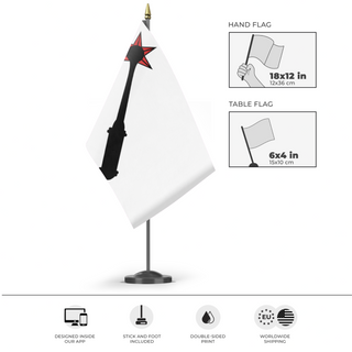 A mockup of the custom flag 'Flag of the old coat of arms of Colmar flag' as a desk flag and small hand waving flag