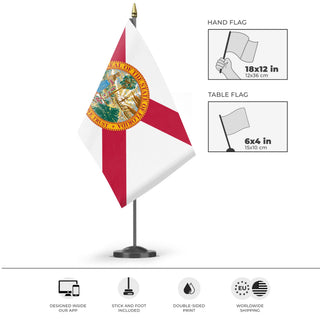 A mockup of the custom flag 'Florida State Flag' as a desk flag and small hand waving flag