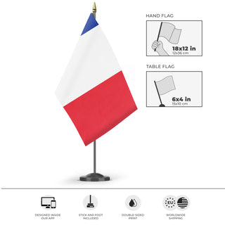 A mockup of the custom flag 'France flag' as a desk flag and small hand waving flag