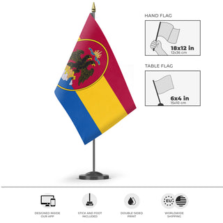 A mockup of the custom flag 'Free State of Fiume flag' as a desk flag and small hand waving flag