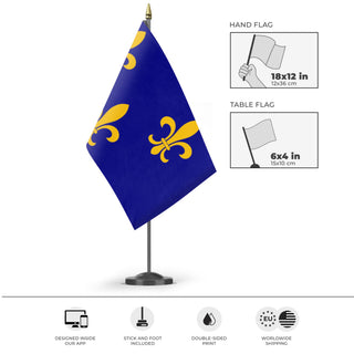 A mockup of the custom flag 'French Royal Flag' as a desk flag and small hand waving flag