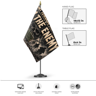 A mockup of the custom flag 'Front Towards the Enemy flag' as a desk flag and small hand waving flag