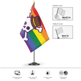 A mockup of the custom flag 'Gen Z Pride Flag' as a desk flag and small hand waving flag