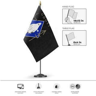 A mockup of the custom flag 'Ghost Rifle Flag' as a desk flag and small hand waving flag