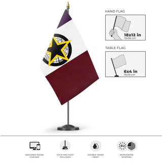 A mockup of the custom flag 'Gothterre flag' as a desk flag and small hand waving flag