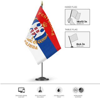 A mockup of the custom flag 'Great Seal Serbian Krajine flag' as a desk flag and small hand waving flag
