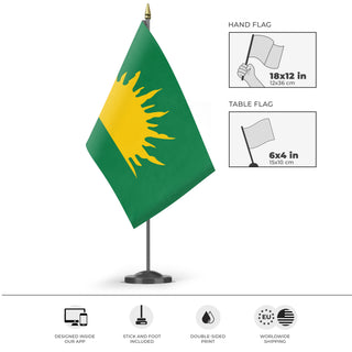 A mockup of the custom flag 'Green Sunburst flag' as a desk flag and small hand waving flag