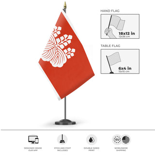 A mockup of the custom flag 'Hashiba Clan flag' as a desk flag and small hand waving flag