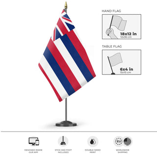 A mockup of the custom flag 'Hawaii State Flag' as a desk flag and small hand waving flag