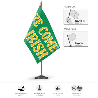 A mockup of the custom flag 'Here Come the Irish flag' as a desk flag and small hand waving flag