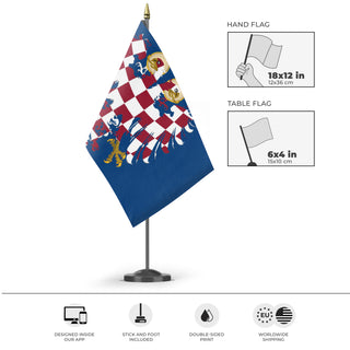 A mockup of the custom flag 'Holy Moravian Empire no emblems flag' as a desk flag and small hand waving flag